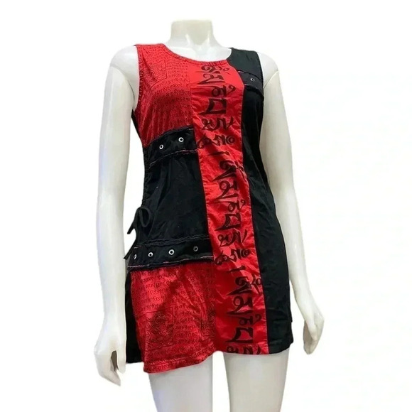 Leopards & Roses Made In Nepal Black Red Mini Sleeveless Dress Size Medium - Picture 3 of 15